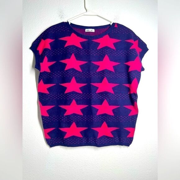 Ginger Soul Stars Print Short Sleeve Crewneck Sweater Size S Blue Pink Oversized - Picture 1 of 11